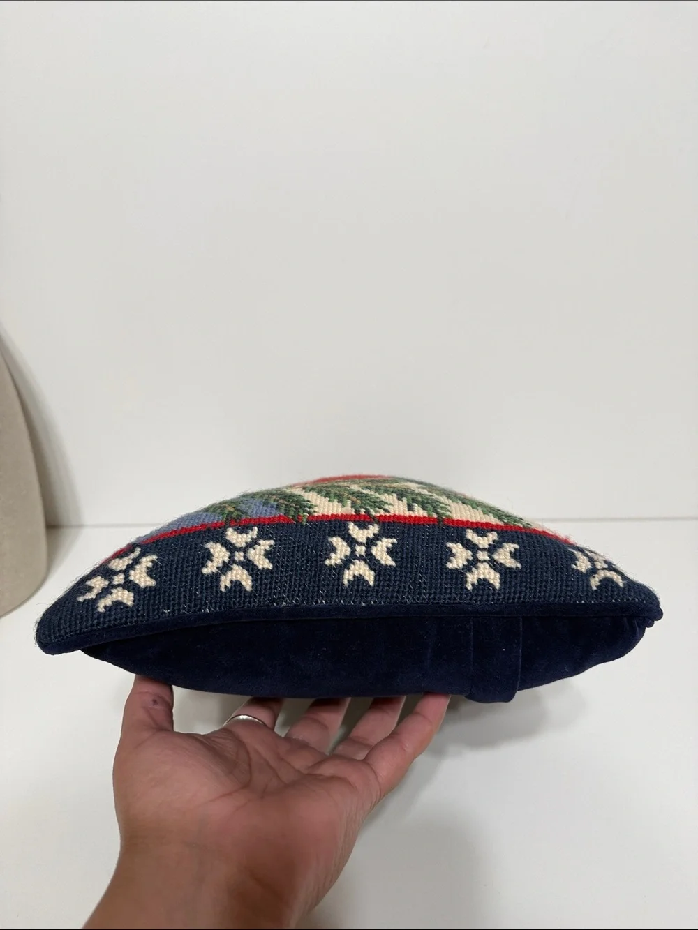 C&F Vintage Children playing in snow needlepoint wool throw pillow
